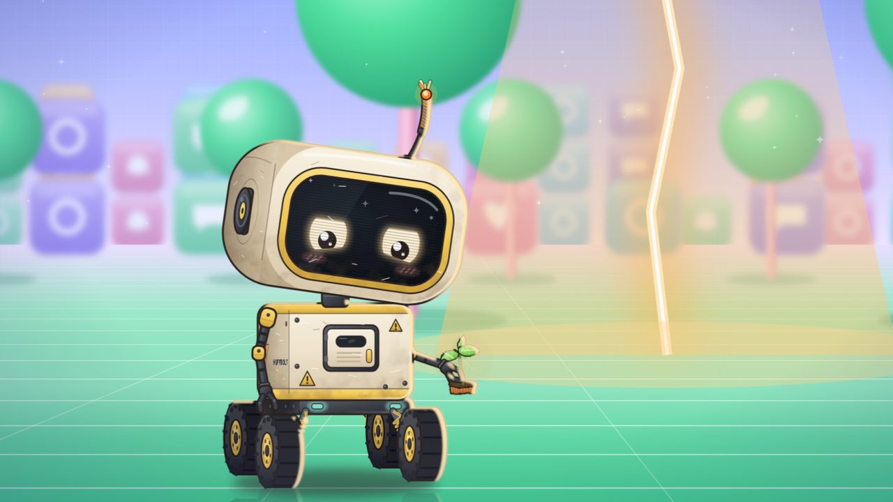 HUFFBOLT, a boxy cream robot on four wheels, holding a seedling.